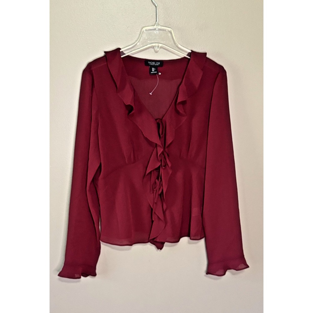 NWT Rachel Zoe Ruffle V-Neck Sheer Front Tie Blouse Size L